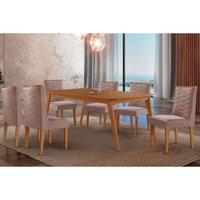 Sala Jantar Mesa Havana Tampo Curvo 180cm+6 Cadeiras Dafne Madeira Naturale - Capuccino/Linho Capuccino - Rufato