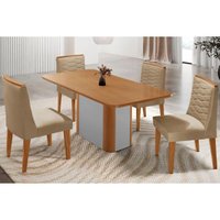 Sala Jantar Mesa Pietá Tampo Curvo 120cm+4 Cadeiras Maldivas Madeira Naturale/Off White - Capuccino/Linho Bege - Rufato