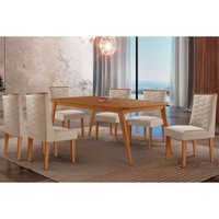 Sala Jantar Mesa Havana Tampo Curvo 180cm+6 Cadeiras Dafne Madeira Naturale - Capuccino/Suede Creme - Rufato