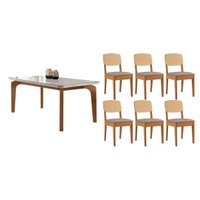 Sala Jantar Mesa Londrina Tampo c/ Vidro Curvo 180cm+6 Cadeiras Havana Naturale/Off White - Linho Capuccino - Rufato