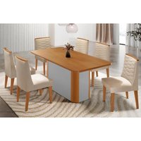 Sala Jantar Mesa Pietá Tampo Curvo 180cm+6 Cadeiras Maldivas Madeira Naturale/Off White - Capuccino/Suede Creme - Rufato