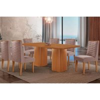 Sala Jantar Mesa Maldivas Tampo Curvo 180cm+6 Cadeiras Dafne Madeira Naturale - Capuccino/Linho Capuccino - Rufato