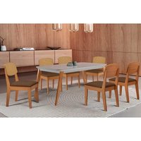 Sala Jantar Mesa Havana Tampo c/ Vidro Curvo 180cm+6 Cadeiras Havana Naturale/Off White - Suede Marrom - Rufato