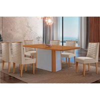 Sala Jantar Mesa Pietá Tampo Curvo 180cm+6 Cadeiras Dafne Madeira Naturale/Off White - Capuccino/Suede Creme - Rufato