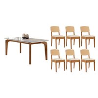 Sala Jantar Mesa Londrina Tampo c/ Vidro Curvo 180cm+6 Cadeiras Havana Naturale/Off White - Suede Creme - Rufato