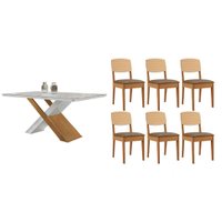Sala Jantar Mesa Imperatriz Tampo c/ Vidro Curvo 180cm+6 Cadeiras Havana Naturale/Off White - Suede Capuccino - Rufato
