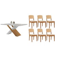 Sala Jantar Mesa Imperatriz Tampo c/ Vidro Curvo 180cm+6 Cadeiras Havana Naturale/Off White - Suede Creme - Rufato