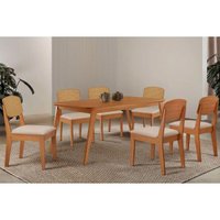 Sala Jantar Mesa Havana Tampo Curvo 180cm+6 Cadeiras Havana Naturale - Suede Creme - Rufato