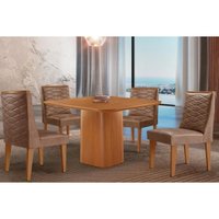 Sala Jantar Mesa Maldivas Tampo Curvo 90cm+4 Cadeiras Dafne Madeira Naturale - Capuccino/Corano Capuccino - Rufato