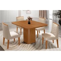 Sala Jantar Mesa Maldivas Tampo Curvo 90cm+4 Cadeiras Maldivas Madeira Naturale - Capuccino/Suede Creme - Rufato