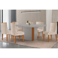 Sala Jantar Mesa Pietá Tampo c/ Vidro Curvo 180cm+6 Cadeiras Dakota Naturale/Off White - Suede Creme - Rufato