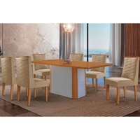 Sala Jantar Mesa Pietá Tampo Curvo 180cm+6 Cadeiras Dafne Madeira Naturale/Off White - Capuccino/Linho Bege - Rufato