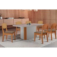 Sala Jantar Mesa Pietá Tampo c/ Vidro Curvo 180cm+6 Cadeiras Havana Naturale/Off White - Suede Capuccino - Rufato