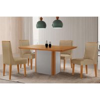 Sala Jantar Mesa Pietá Tampo Curvo 120cm+4 Cadeiras Dakota Madeira Naturale/Off White - Capuccino/Linho Bege - Rufato
