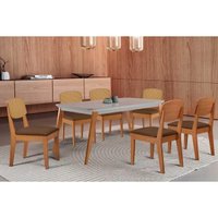 Sala Jantar Mesa Havana Tampo c/ Vidro Curvo 180cm+6 Cadeiras Havana Naturale/Off White - Corano Capuccino - Rufato