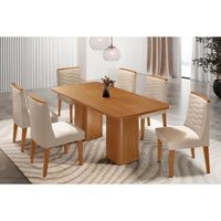 Sala Jantar Mesa Maldivas Tampo Curvo 180cm+6 Cadeiras Maldivas Madeira Naturale - Capuccino/Suede Creme - Rufato