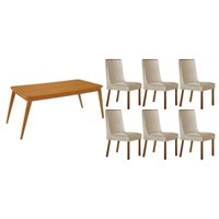 Sala Jantar Mesa Havana Tampo Curvo 180cm+6 Cadeiras Dakota Madeira Naturale - Capuccino/Suede Creme - Rufato