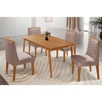 Sala Jantar Mesa Havana Tampo Curvo 120cm+4 Cadeiras Maldivas Madeira Naturale - Capuccino/Linho Capuccino - Rufato
