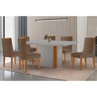 Sala Jantar Mesa Pietá Tampo c/ Vidro Curvo 180cm+6 Cadeiras Dakota Naturale/Off White - Suede Capuccino - Rufato