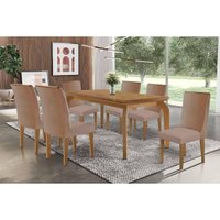 Sala Jantar Mesa Londrina Tampo Curvo 180cm+6 Cadeiras Dakota Madeira Naturale - Capuccino/Linho Capuccino - Rufato