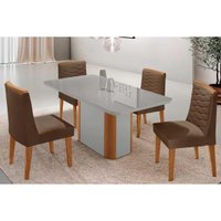 Sala Jantar Mesa Pietá Tampo c/ Vidro Curvo 120cm+4 Cadeiras Maldivas Naturale/Off White - Suede Marrom - Rufato