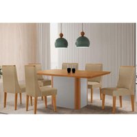 Sala Jantar Mesa Pietá Tampo Curvo 180cm+6 Cadeiras Dakota Madeira Naturale/Off White - Capuccino/Linho Bege - Rufato