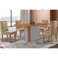 Sala Jantar Mesa Pietá Tampo Curvo 120cm+4 Cadeiras Dafne Madeira Naturale/Off White - Capuccino/Linho Bege - Rufato