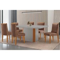 Sala Jantar Mesa Pietá Tampo c/ Vidro Curvo 180cm+6 Cadeiras Dakota Naturale/Off White - Corano Capuccino - Rufato