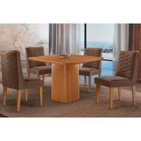 Sala Jantar Mesa Maldivas Tampo Curvo 90cm+4 Cadeiras Dafne Madeira Naturale - Capuccino/Suede Marrom - Rufato