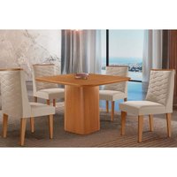 Sala Jantar Mesa Maldivas Tampo Curvo 90cm+4 Cadeiras Dafne Madeira Naturale - Capuccino/Suede Creme - Rufato