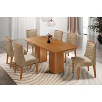 Sala Jantar Mesa Maldivas Tampo Curvo 180cm+6 Cadeiras Maldivas Madeira Naturale - Capuccino/Linho Bege - Rufato