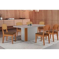 Sala Jantar Mesa Pietá Tampo c/ Vidro Curvo 180cm+6 Cadeiras Havana Naturale/Off White - Suede Marrom - Rufato