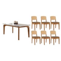 Sala Jantar Mesa Londrina Tampo c/ Vidro Curvo 180cm+6 Cadeiras Havana Naturale/Off White - Suede Capuccino - Rufato