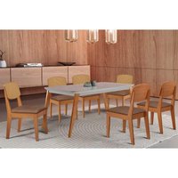 Sala Jantar Mesa Havana Tampo c/ Vidro Curvo 180cm+6 Cadeiras Havana Naturale/Off White - Linho Capuccino - Rufato