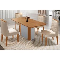 Sala Jantar Mesa Pietá Tampo Curvo 120cm+4 Cadeiras Maldivas Madeira Naturale/Off White - Capuccino/Suede Creme - Rufato
