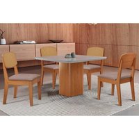 Sala Jantar Mesa Maldivas Tampo c/ Vidro Curvo 90cm+4 Cadeiras Havana Naturale/Off White - Linho Capuccino - Rufato
