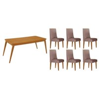 Sala Jantar Mesa Havana Tampo Curvo 180cm+6 Cadeiras Dakota Madeira Naturale - Capuccino/Linho Capuccino - Rufato
