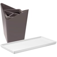 Kit Bandeja Decorativa Branca e Porta Escova de Dentes Cinza Plástico Banheiro Lavabo
