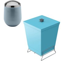 Kit Porta Algodão Cotonete OU e Lixeira Suporte Cromado 6,5L Stolf Azul Banheiro Lavabo