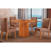 Sala Jantar Mesa Maldivas Tampo Curvo 90cm+4 Cadeiras Dafne Madeira Naturale - Capuccino/Linho Capuccino - Rufato