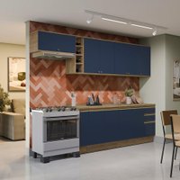 Armário de Cozinha Completa 100% MDF 300cm Nogueira/Azul Profundo Celeste Kappesberg