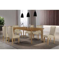 Sala Jantar Mesa Londrina Tampo Curvo 180cm+6 Cadeiras Dafne Madeira Naturale - Capuccino/Suede Capuccino - Rufato