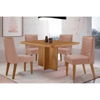 Sala Jantar Mesa Berlim Tampo Curvo 90cm+4 Cadeiras Maldivas Madeira Naturale - Capuccino/Linho Capuccino - Rufato