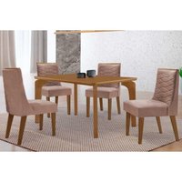 Sala Jantar Mesa Londrina Tampo Curvo 120cm+4 Cadeiras Maldivas Madeira Naturale - Capuccino/Linho Capuccino - Rufato