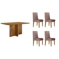 Sala Jantar Mesa Berlim Tampo Curvo 120cm+4 Cadeiras Dakota Madeira Naturale - Capuccino/Linho Capuccino - Rufato