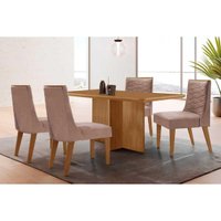 Sala Jantar Mesa Berlim Tampo Curvo 120cm+4 Cadeiras Maldivas Madeira Naturale - Capuccino/Linho Capuccino - Rufato