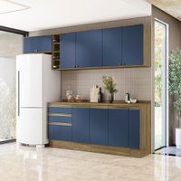 Armário de Cozinha Completa Garrafeiro 100% MDF 280cm Nogueira/Azul Profundo Celeste Kappesberg