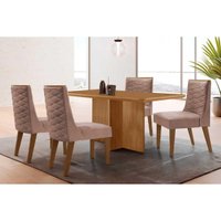 Sala Jantar Mesa Berlim Tampo Curvo 120cm+4 Cadeiras Dafne Madeira Naturale - Capuccino/Linho Capuccino - Rufato