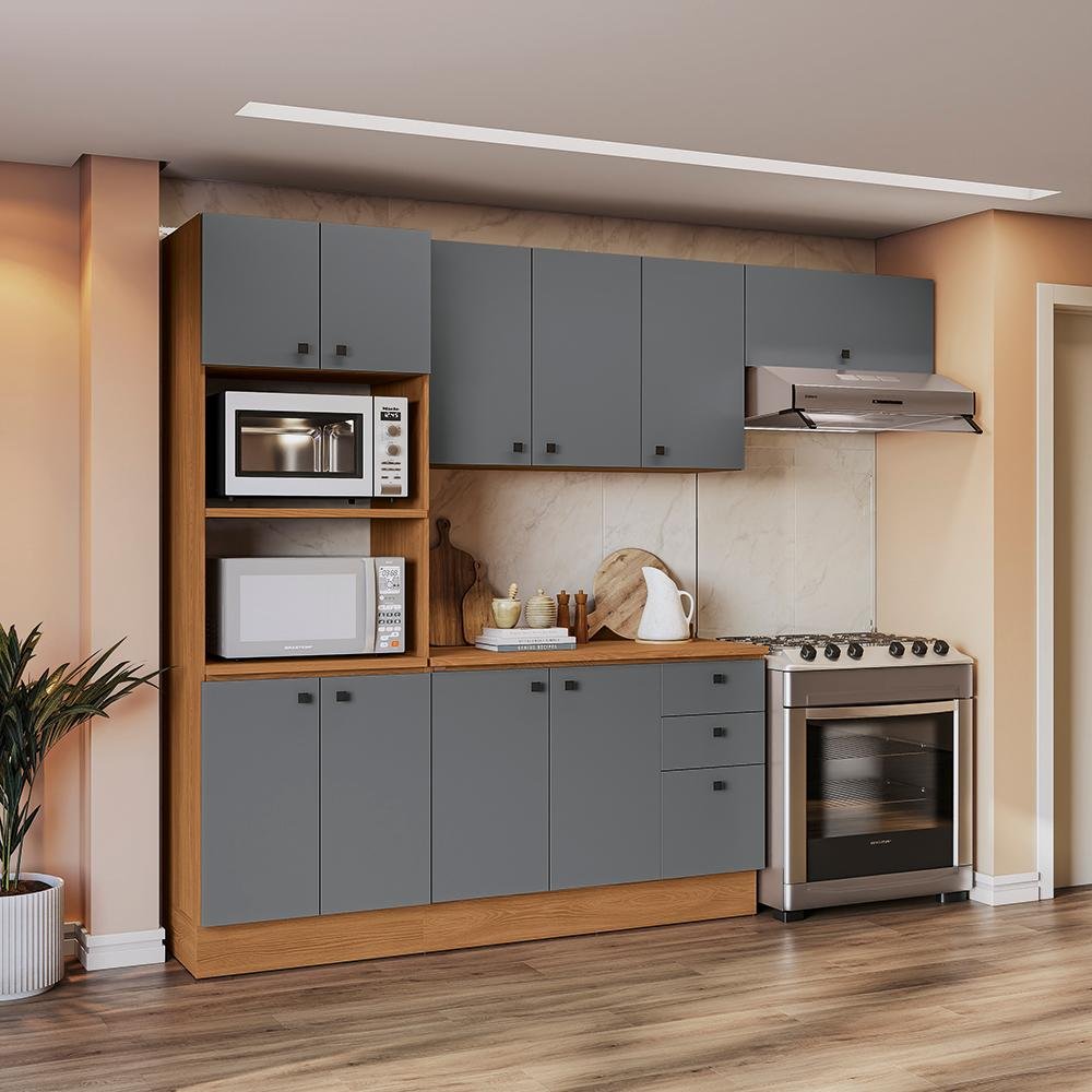 Armário de Cozinha Completa de 270cm Canela/Cinza Sagrado Pixel