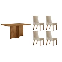 Sala Jantar Mesa Berlim Tampo Curvo 120cm+4 Cadeiras Dakota Madeira Naturale - Capuccino/Suede Creme - Rufato